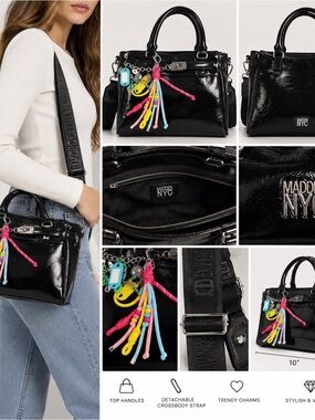 Madden NYC 2360 Black Patent Satchel Crossbody Bag Colorful Charms NWT